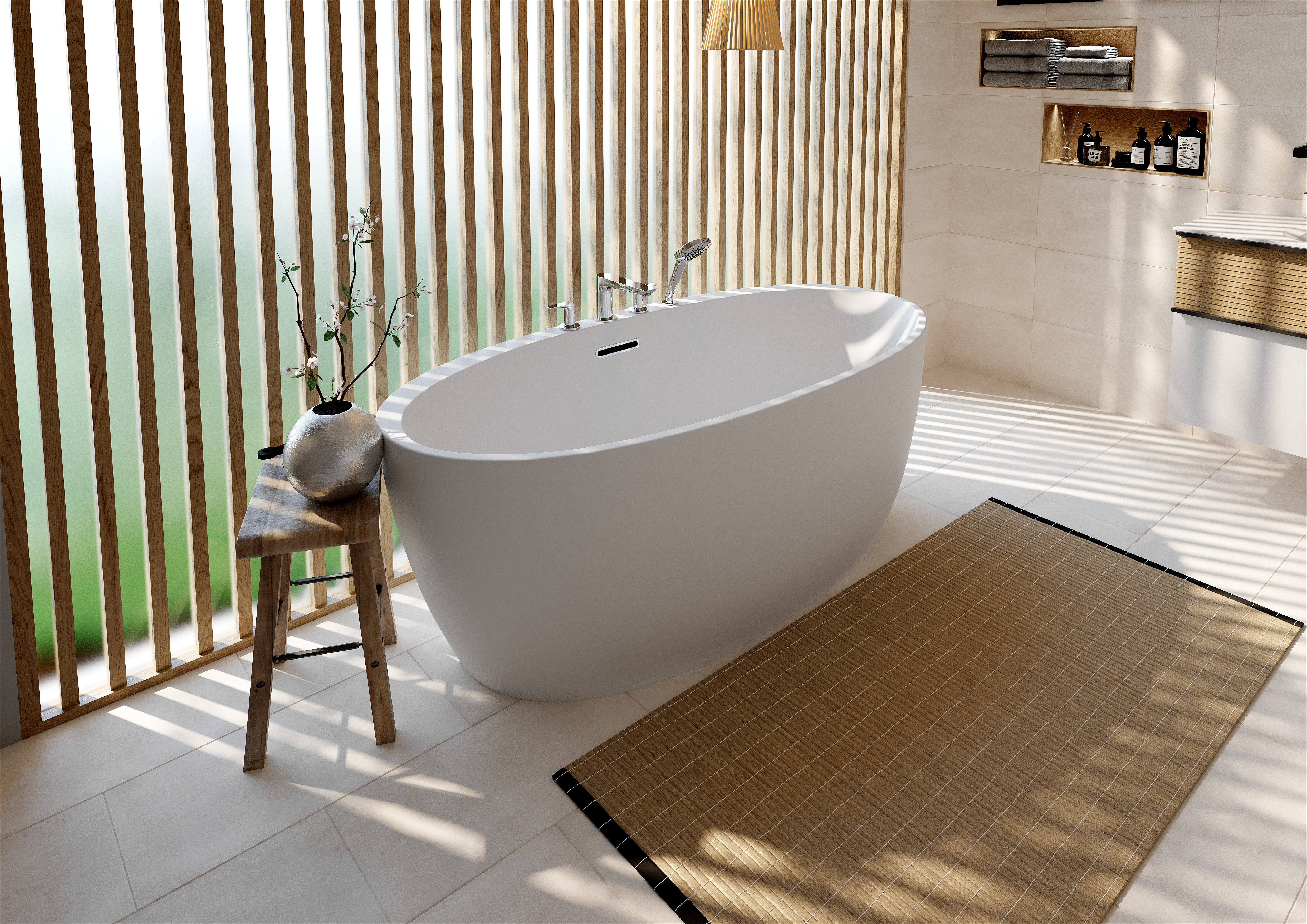 ©Grandbains - Salle de bains ambiance Japandi - Baignoire