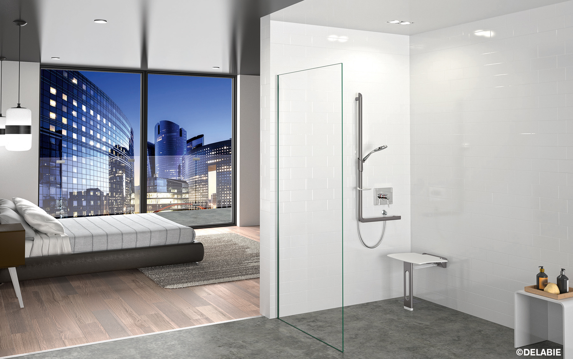 Disponible dans les enseigne GRANDBAINS - Barre de maintien en T Be-line de Delabie avec support de douchette coulissant coloris anthracite Siège de douche rabattable amovible Be-line de Delabie