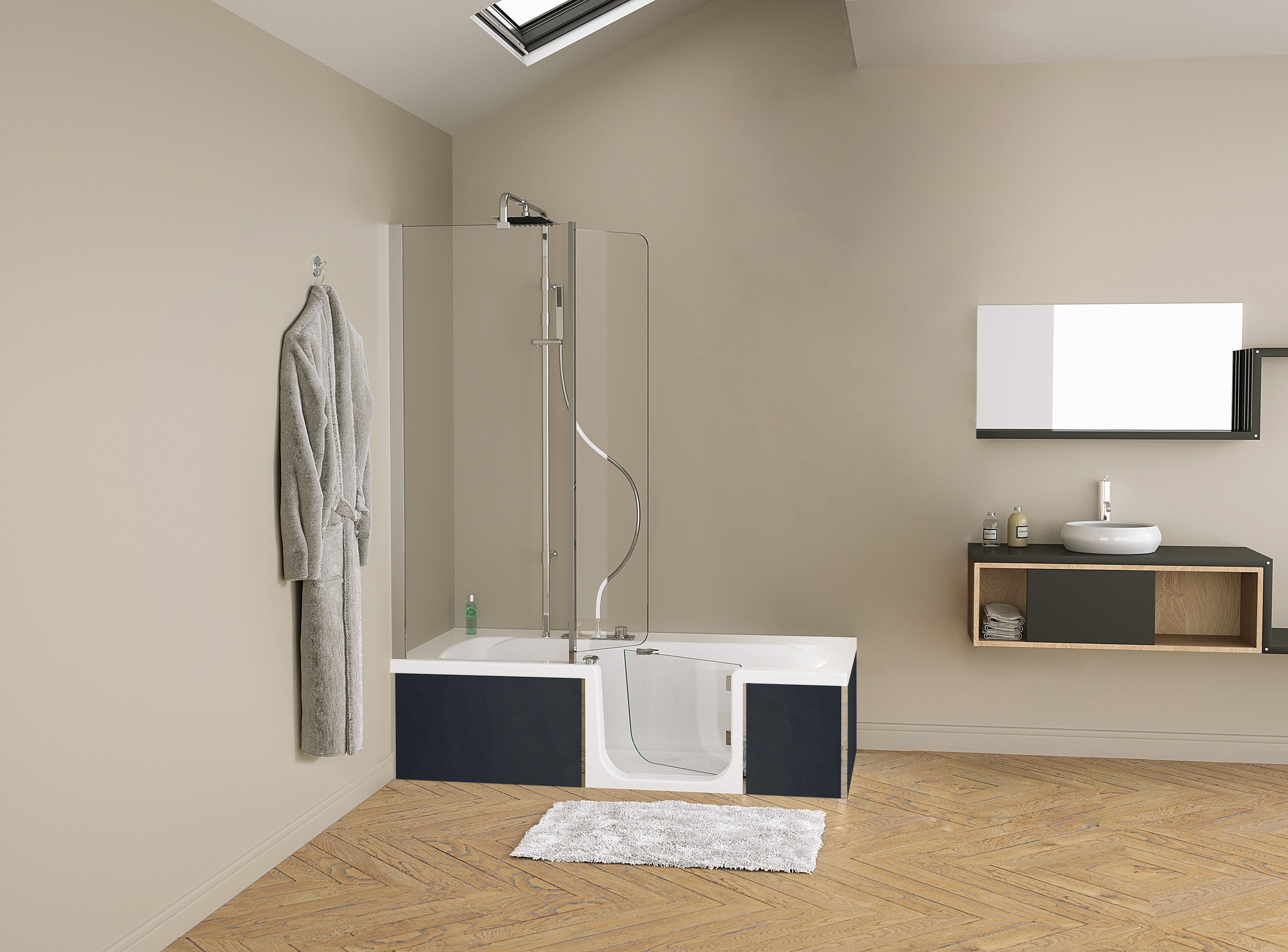 Disponible dans les enseigne GRANDBAINS - Baignoire Duo – Pack design de Kinedo solution douche/bain avec porte d’accès en verre de 8 mm à ouverture intérieure.